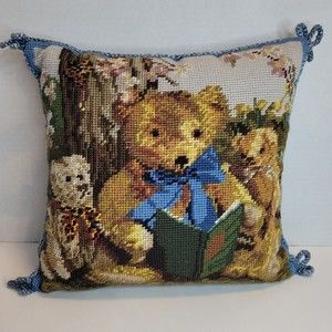 Vintage Katha Diddel Baby Collection Needlepoint Pillow 12" Teddy Bears Reading